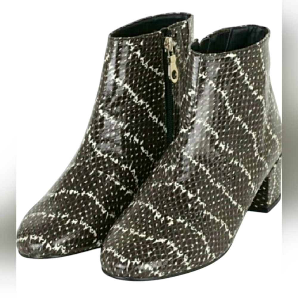 7.5 TOPSHOP ANKLE BLACK WHITE SNAKESKIN PRINT ROARING BOOTIES/BOOTS CHUNKY HEEL